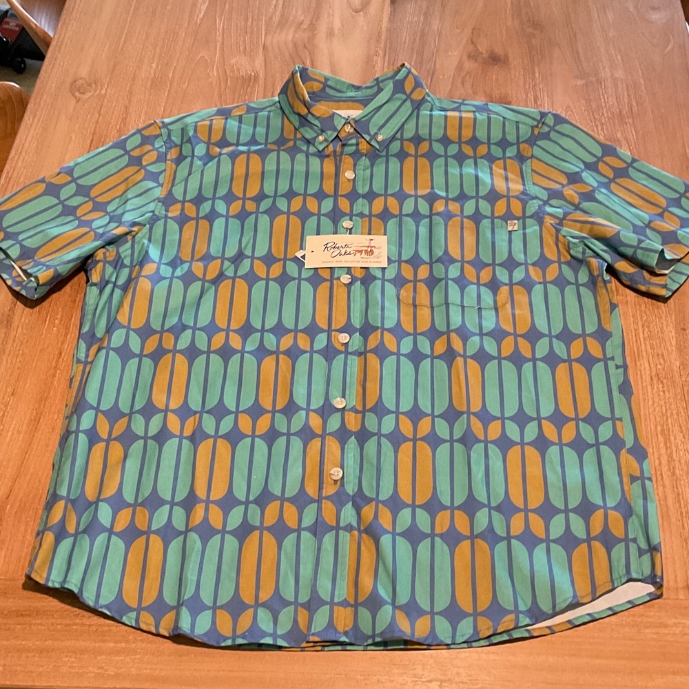 Roberta Oaks Men’s Aloha Shirt with Geometric Teal, Blue and Mustard Design